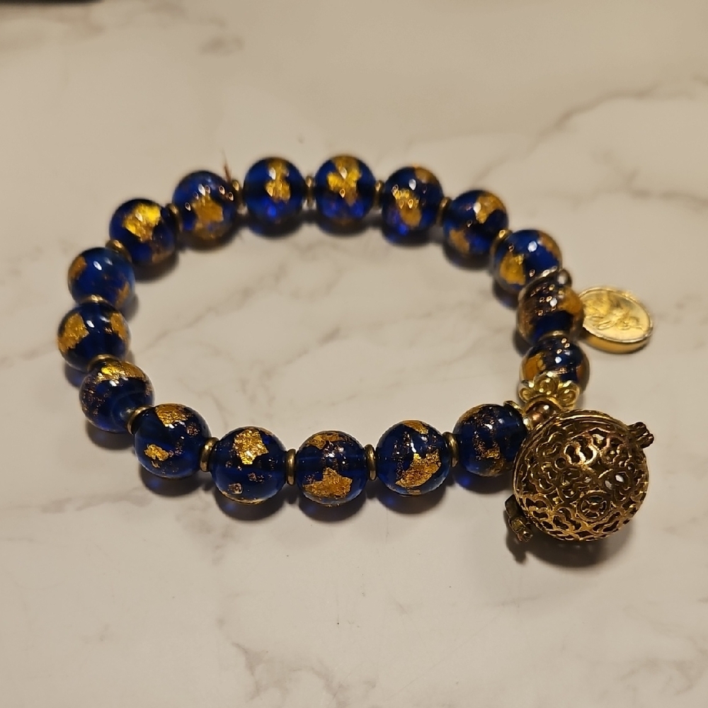 Blue and Gold Glass Beaded Bracelet With Scent Holder